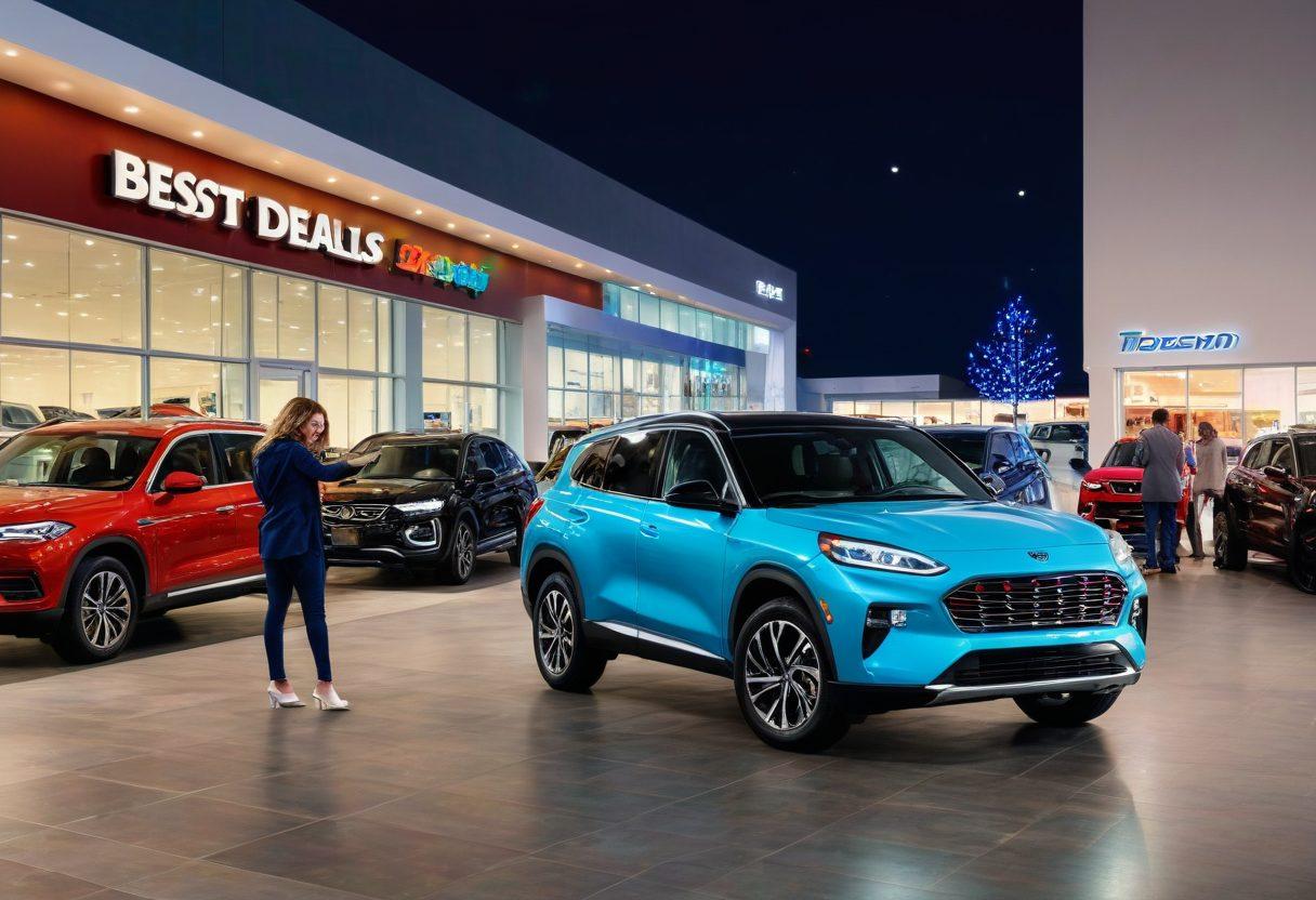 A vibrant car dealership scene with gleaming new cars of various models, an excited family looking at a car, and a savvy salesperson sharing insider tips. In the background, a sign that reads 'Best Deals 2023' is visible. The dealership should have a festive, inviting atmosphere. super-realistic. vibrant colors. 3D.