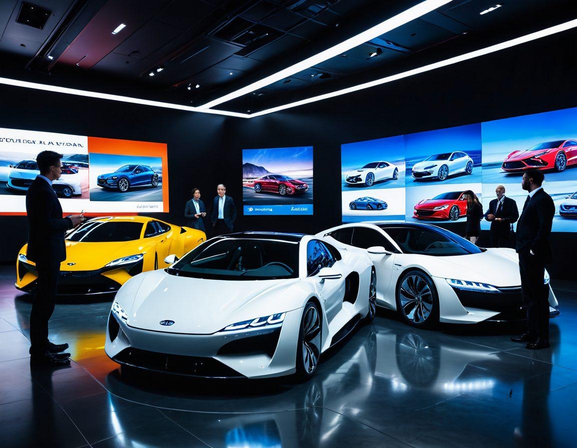 A futuristic car showroom with sleek, modern cars on display - including electric, hybrid, and traditional models. A diverse group of people examining the cars, discussing with sales consultants, and test driving. Background filled with digital screens showcasing car statistics, trends, and latest features. super-realistic. vibrant colors. futuristic setting. 