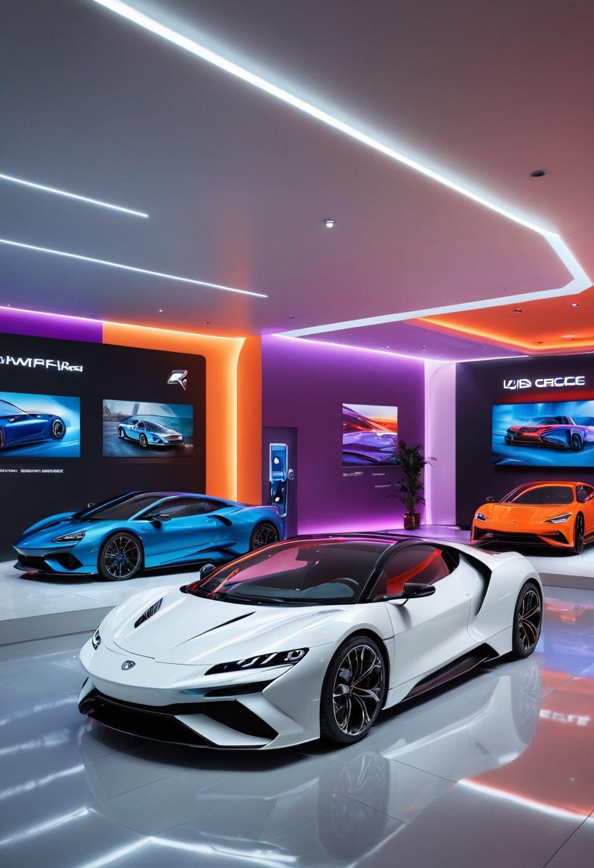 A futuristic car showroom filled with sleek 2023 models, diverse customers consulting with knowledgeable salespersons, and price tags showcasing discounts. The background features digital price boards and review ratings. vibrant colors. super-realistic. high-tech ambiance.
